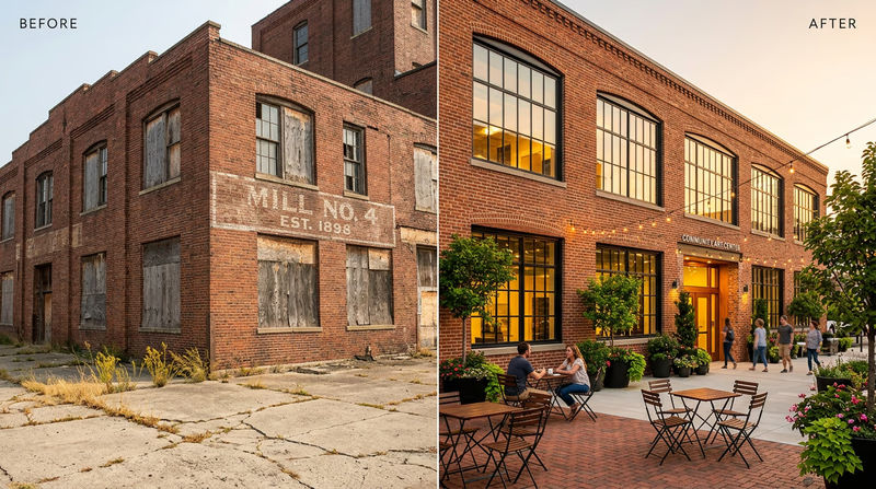 A before-and-after comparison showing an old industrial warehouse on the left and the same building converted into a modern community space with large windows, outdoor seating, and greenery on the right