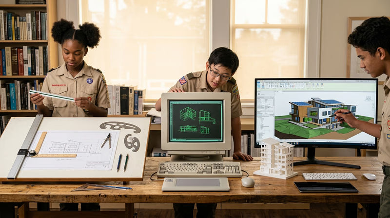 A visual timeline showing architecture tools from left to right: hand drafting tools (T-square, compass, pencil), a CAD workstation from the 1990s, and a modern setup with BIM software on a large monitor and a 3D-printed building model on the desk