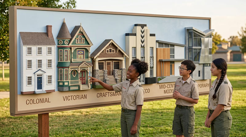 A visual guide showing six different architectural styles side by side: Colonial, Victorian, Craftsman, Art Deco, Mid-Century Modern, and Contemporary, with labels and key features highlighted