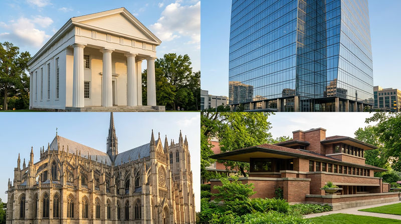 A visual comparison showing different architectural styles: a Greek revival building with columns, a modern glass skyscraper, a Gothic cathedral, and a Frank Lloyd Wright prairie-style home