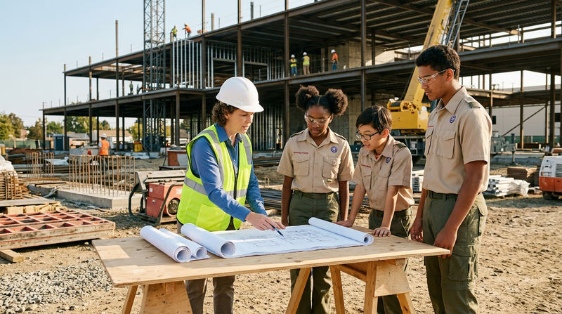 An active construction site showing a partially completed building with visible steel framing, workers in hard hats, and construction equipment, with an architect pointing at construction drawings on a table