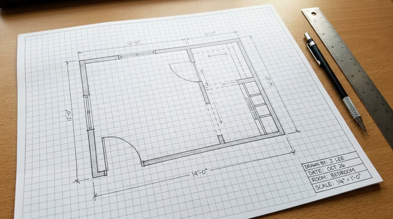 A clean, neatly drawn floor plan on graph paper showing a bedroom with labeled walls, a door with swing arc, two windows, a closet, and a title block in the corner with name, date, room name, and scale