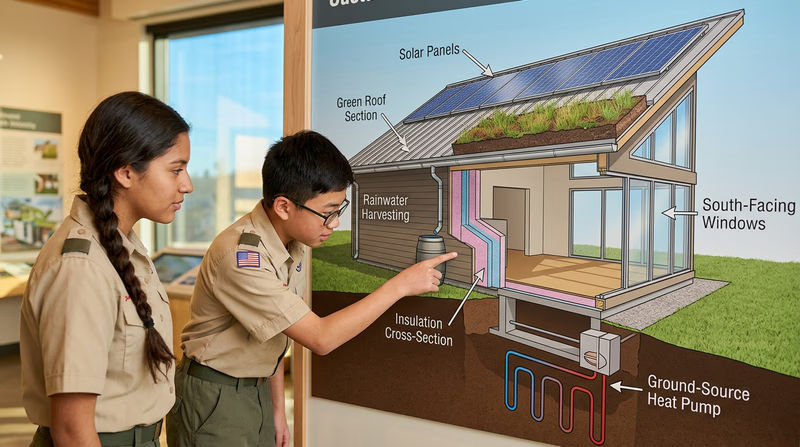 A cutaway diagram of a green building showing labeled sustainable features: solar panels on roof, green roof section, rainwater collection system, large windows for natural light, and high-performance insulation in walls