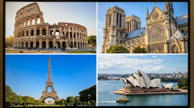 A montage showing four famous architectural achievements: the Roman Colosseum, a Gothic cathedral with flying buttresses, the Eiffel Tower, and the Sydney Opera House
