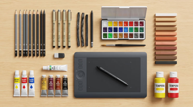 A neatly arranged flat lay of various art supplies on a wooden table: pencils, pens, watercolor palette, pastels, charcoal sticks, tubes of acrylic and oil paint, tempera bottles, and a drawing tablet