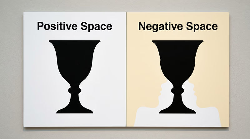 A side-by-side illustration showing positive and negative space: on the left, a black vase on a white background; on the right, the same image but highlighting how the white space creates two face profiles