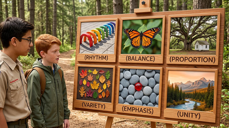 A six-panel illustration, each panel showing one principle of design with a simple visual example: rhythm (repeating arches), balance (symmetrical butterfly), proportion (large tree beside a small house), variety (different-colored leaves), emphasis (one red circle among gray circles), unity (a harmonious landscape painting)