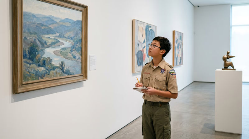 A Scout standing in a museum gallery, looking up at a large framed painting on a white wall, with other artworks visible in the background