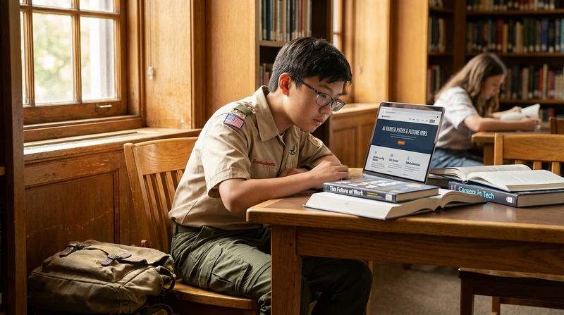 A Scout at a library or study space with books and a laptop, researching AI careers. The laptop screen shows a career website. Focused, studious atmosphere.