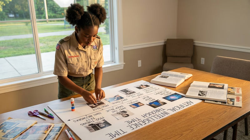A Scout working on a large poster board timeline laid out on a table, with printed photos and handwritten dates being glued on. Markers, scissors, and reference materials nearby.