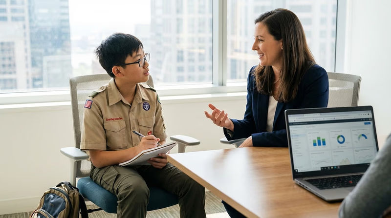 A Scout in uniform sitting across from a professional in a modern office or video call setup, notebook open, taking notes during an interview about AI careers.