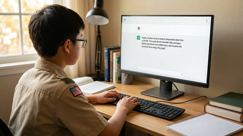 Over-the-shoulder view of a Scout typing a detailed prompt into a chatbot interface on a computer. The screen shows a well-structured prompt with clear formatting. Home desk setting.