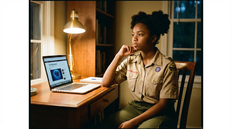 A thoughtful Scout sitting at a desk with a laptop open, chin resting on hand, looking contemplative. On the screen is a news article about AI. Warm study lamp lighting.