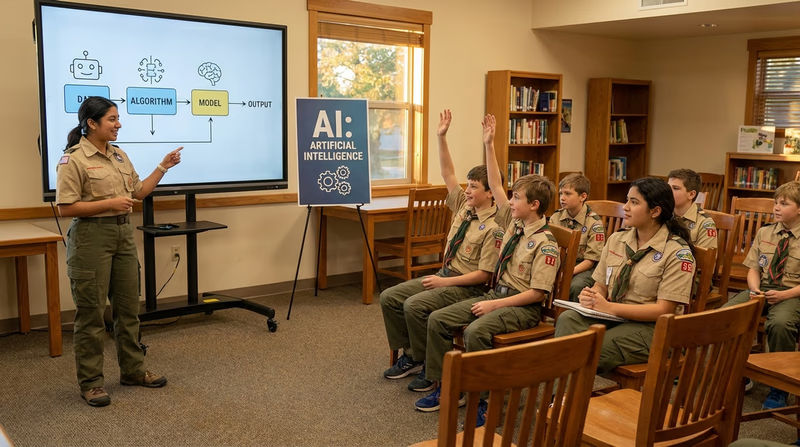 A Scout standing at the front of a group of younger Scouts, gesturing toward a screen or poster showing AI concepts. The audience is engaged, some raising hands. Indoor meeting space.