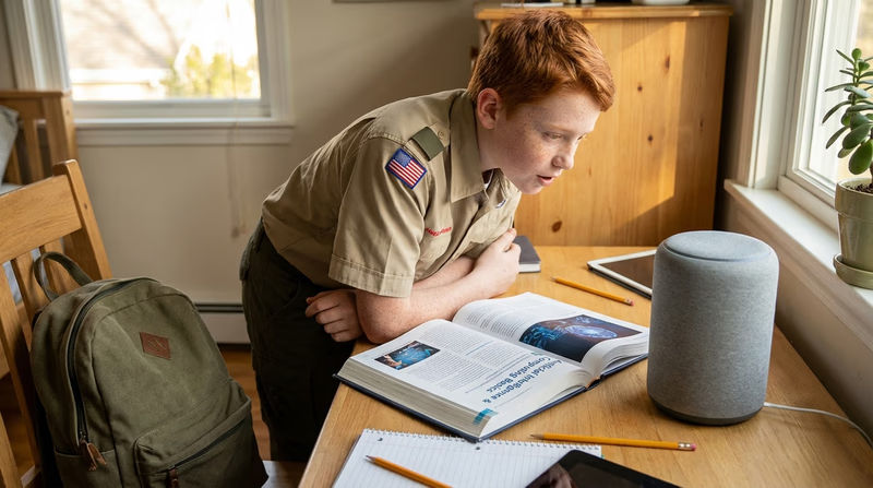 A Scout in their bedroom talking to a smart speaker (voice assistant) on their desk, with homework spread out and a backpack nearby. Natural afternoon light from a window.