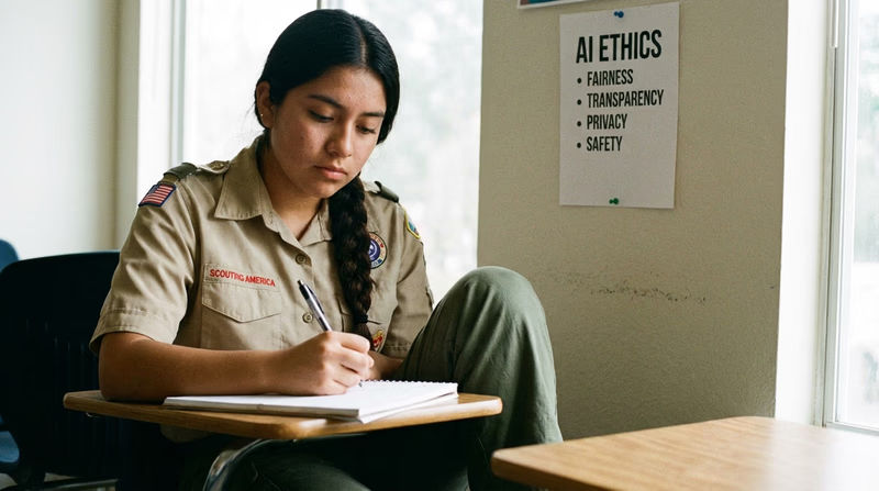 A Scout writing in a journal at a desk, focused and deliberate. A printed list or poster about AI ethics is visible on the wall behind them.