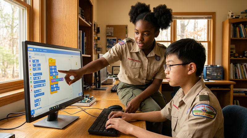 Two Scouts working together on a coding project at a computer, one pointing at the screen while the other types. A visual programming interface (like Scratch or similar) is visible.