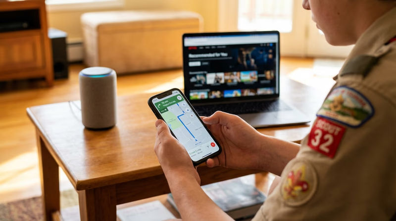 A Scout's hands holding a smartphone showing a navigation map app, with other everyday AI-powered devices visible in the background — a smart speaker, a laptop with a recommendation screen.