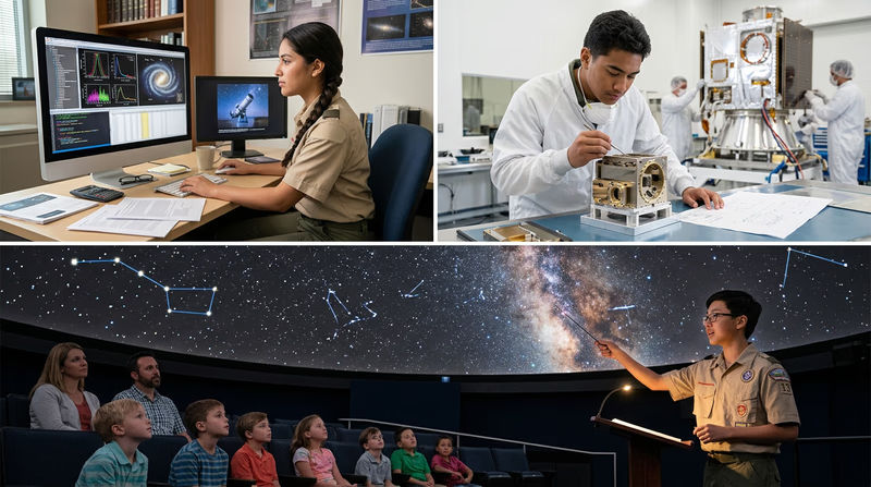 A collage showing different astronomy careers: a researcher at a computer analyzing data, an engineer working on a satellite, a planetarium presenter speaking to an audience