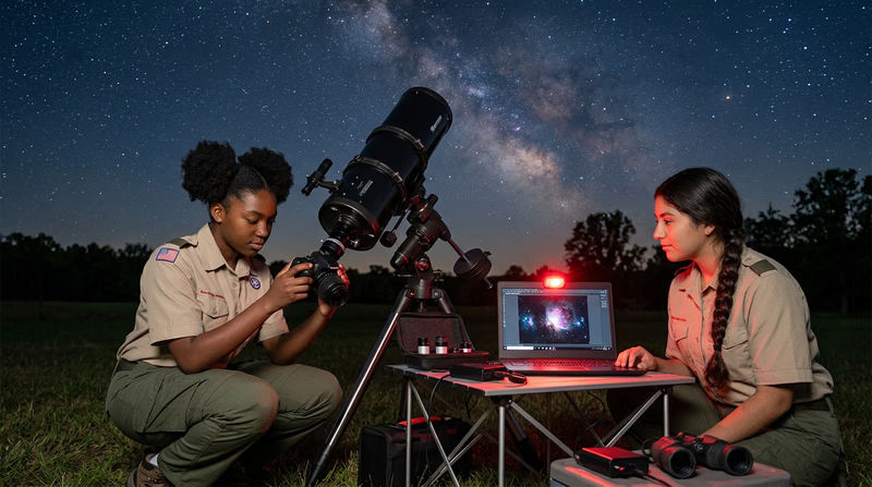 An amateur astrophotography setup with a camera mounted on a telescope under a starry sky