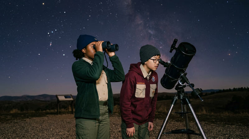 A Scout looking through binoculars on the left and another Scout looking through a telescope on the right, both under a starry sky