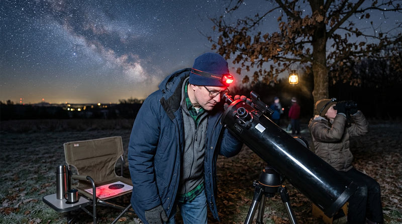 A warmly dressed Scout at a telescope on a cold clear night, wearing layers with a red headlamp, thermos nearby