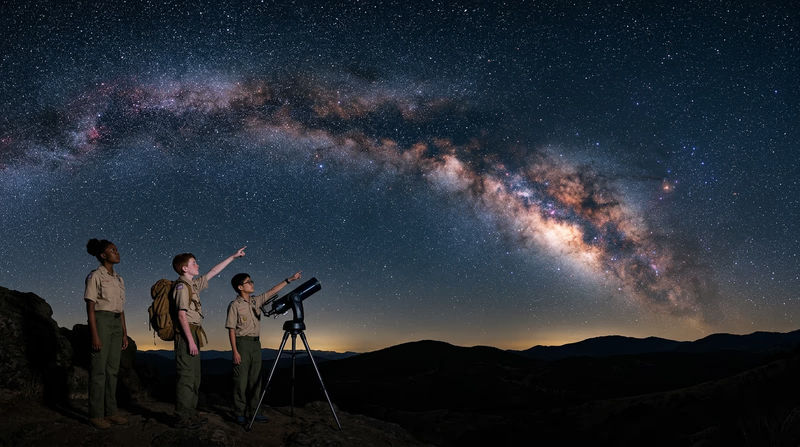 A vivid view of the Milky Way arching over a dark landscape with the galactic center bright near the horizon and dark dust lanes visible