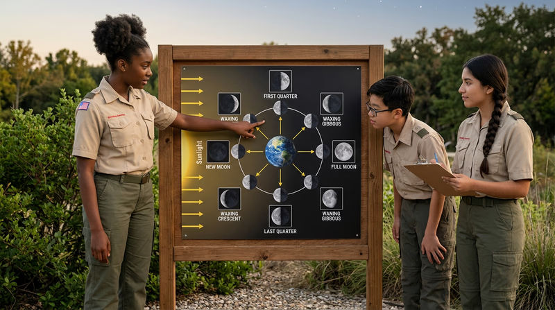A circular diagram showing the Moon at eight positions around Earth with the Sun's light coming from one side, illustrating how the phase changes depending on the Moon's orbital position