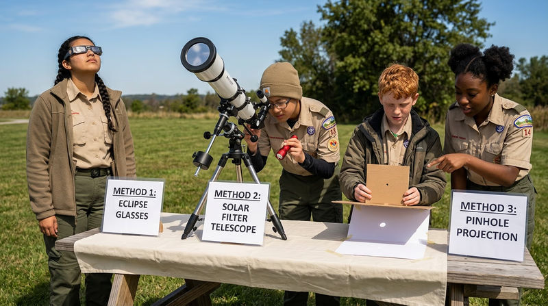 A split illustration showing three safe solar observation methods: eclipse glasses, telescope with solar filter, and pinhole projection