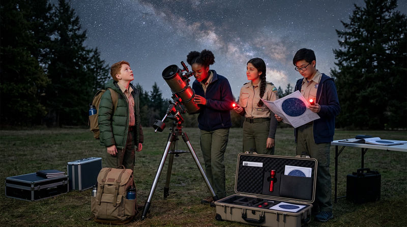 A group of Scouts at a safe stargazing site with red flashlights, level ground, and equipment neatly organized