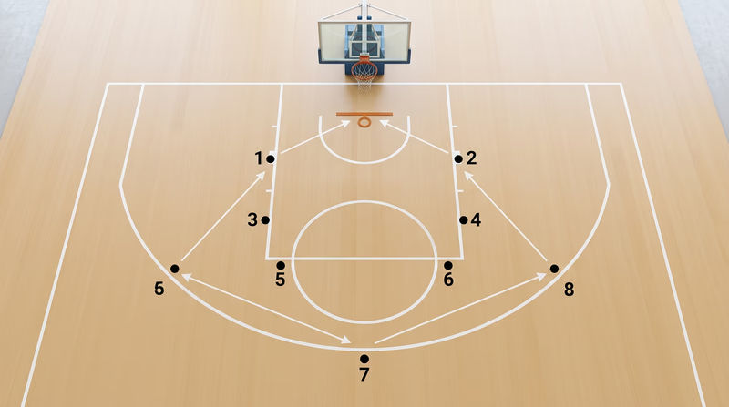A basketball court viewed from above with numbered dots showing the eight shooting positions from the requirement, with the key, three-point line, and basket clearly labeled