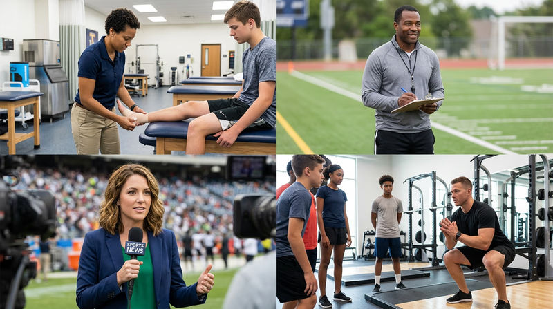 A collage showing four athletics careers: an athletic trainer taping an athlete's ankle, a coach with a clipboard on a field, a sports journalist with a microphone, and a strength coach demonstrating an exercise