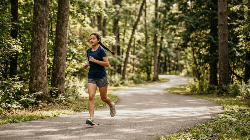 A Scout running on a tree-lined path during a distance run, with a relaxed stride and calm expression