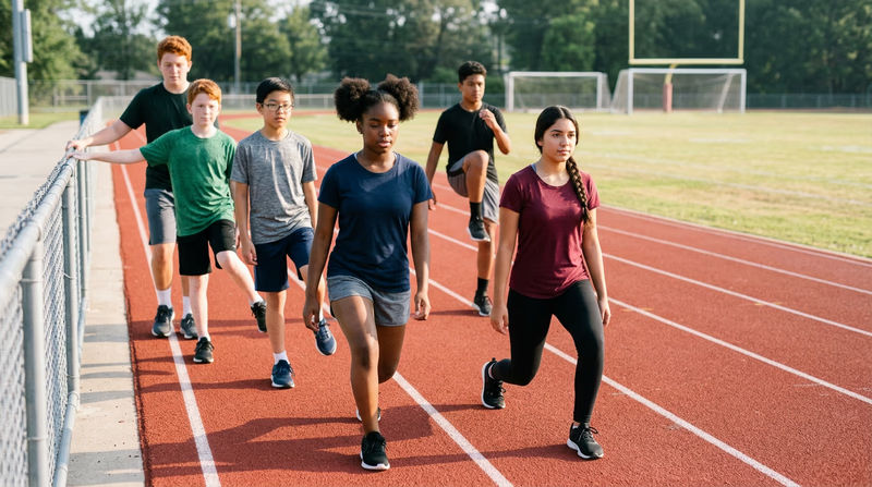 A group of young athletes on a track doing dynamic stretches (leg swings and walking lunges) as part of their warm-up routine