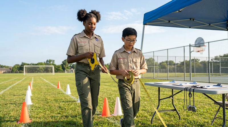 An outdoor field being set up for a sports meet, with cones marking lanes, a timing table with clipboards, and Scouts helping arrange equipment