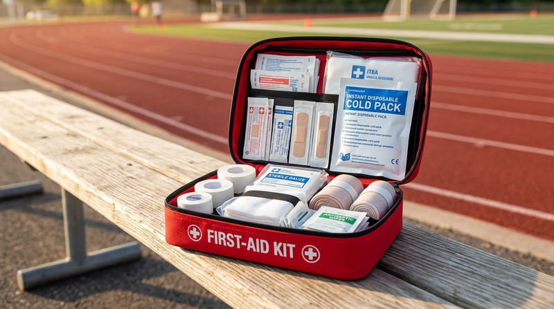 A first-aid kit open on a bench next to an athletics track, showing bandages, tape, and an ice pack