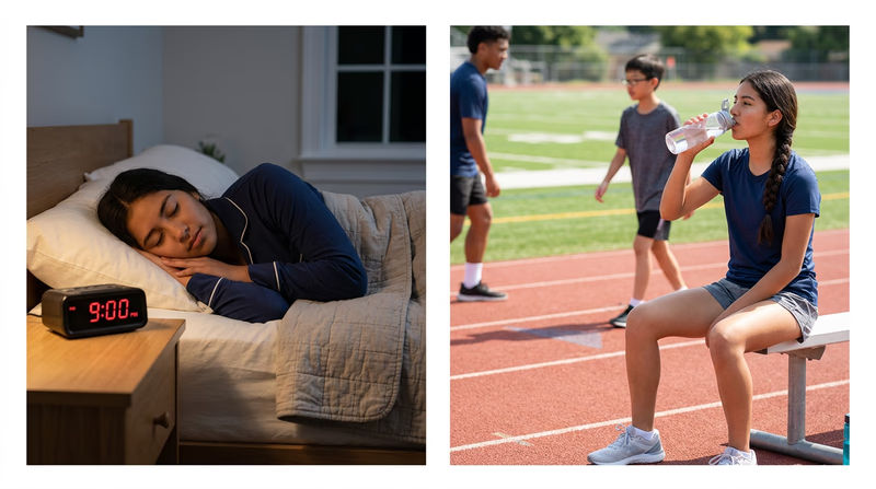 A split image showing a Scout sleeping peacefully at night on one side, and the same Scout drinking water from a bottle during outdoor training on the other side
