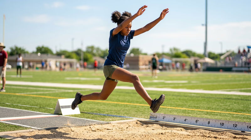A Scout in mid-air during a running long jump, legs extended forward over a sand pit, with the takeoff board visible behind them