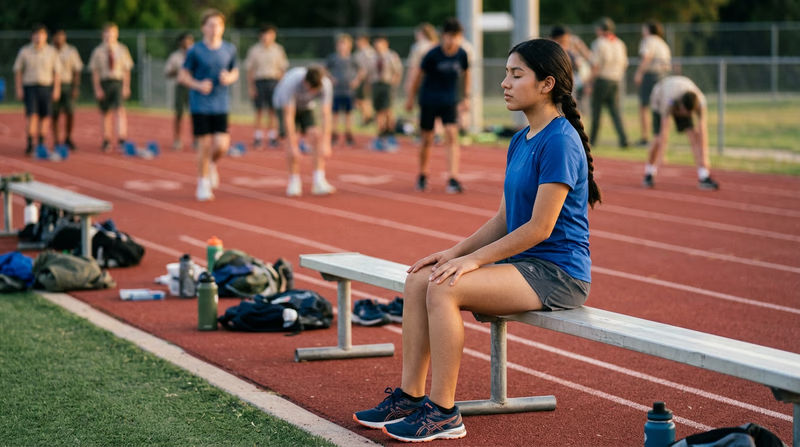A Scout sitting quietly on a bench before a track event, eyes closed in focused visualization, with the track and competitors warming up in the background