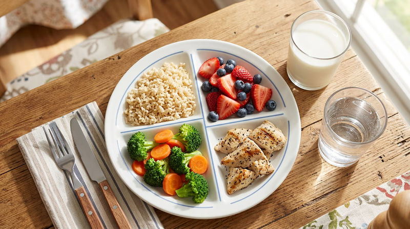 A colorful plate of food arranged to show the five MyPlate food groups: grains, protein, fruits, vegetables, and dairy, on a table with a glass of water