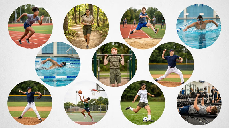 A wide illustration showing nine athletic activities arranged in a grid: a sprinter, a distance runner, a long jumper, a swimmer, someone doing pull-ups, a baseball thrower, a basketball shooter, a soccer kicker, and a weight lifter