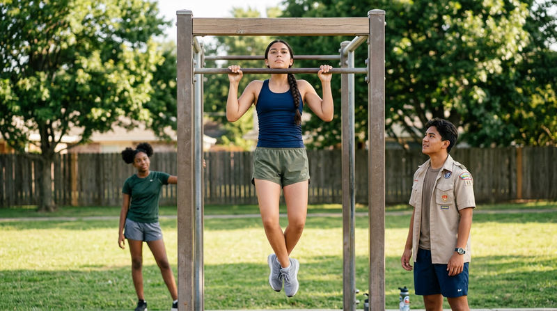 A Scout performing a pull-up on an outdoor pull-up bar with proper form, arms fully extended at the bottom and chin over the bar at the top