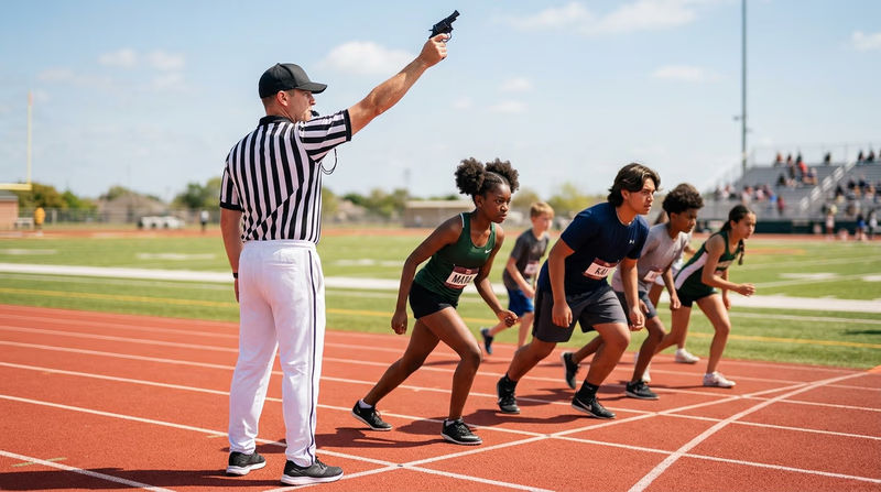 A referee on an athletics track making an official hand signal, with runners at the starting line in the background