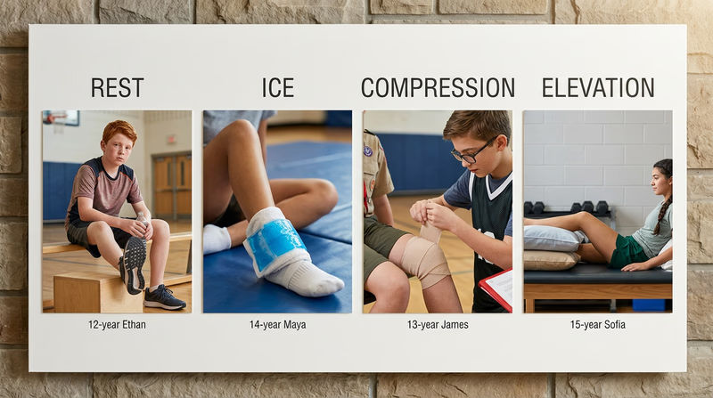 An illustrated diagram showing the four steps of the RICE method: Rest, Ice, Compression, and Elevation, each with a simple visual example