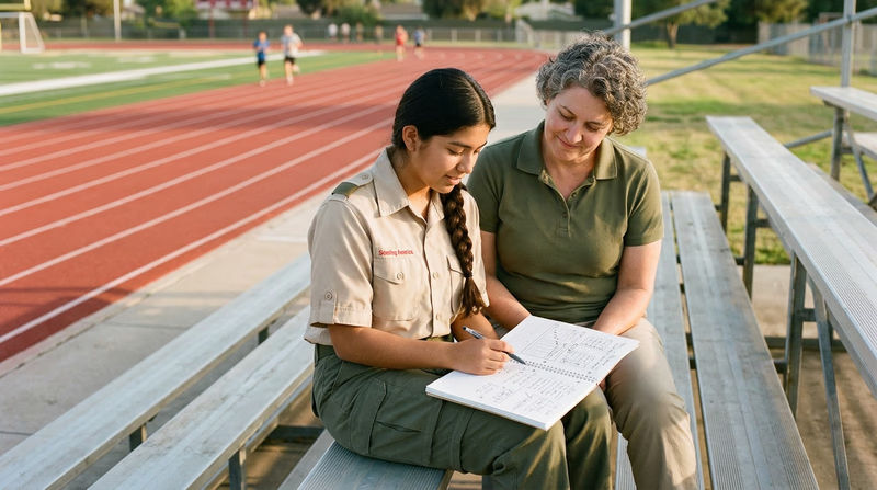 A Scout sitting on bleachers reviewing a training log notebook with a counselor, with a track visible in the background