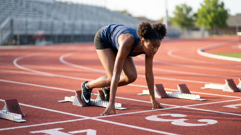 A Scout in the set position in starting blocks on a track, focused and ready to explode into a sprint