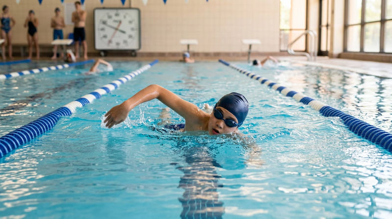 A young swimmer in a pool lane doing freestyle stroke, with lane ropes on either side and a timer visible at the end of the pool