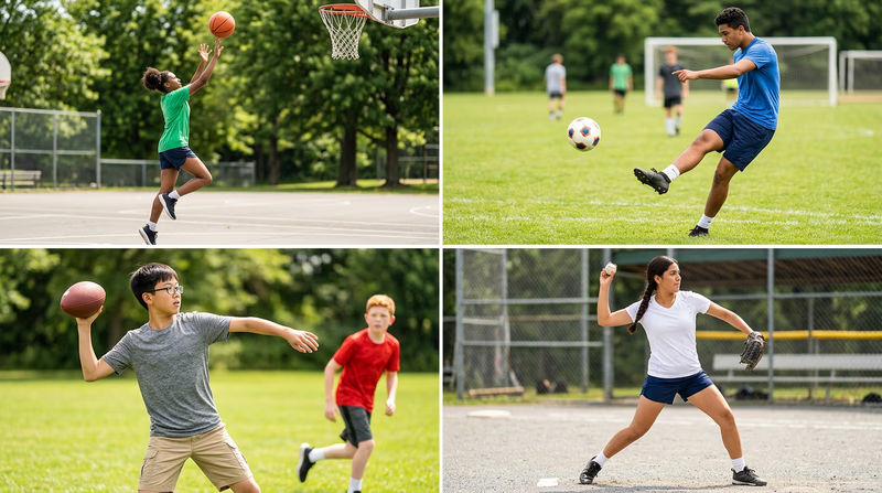 A collage showing four scenes: a Scout shooting a basketball, a Scout kicking a soccer ball, a Scout throwing a football, and a Scout throwing a baseball, all on outdoor fields