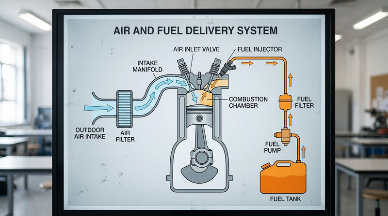 A simplified diagram showing the air path (air intake to air filter to intake manifold) and fuel path (fuel tank to fuel pump to fuel filter to fuel injectors) converging at the engine cylinders