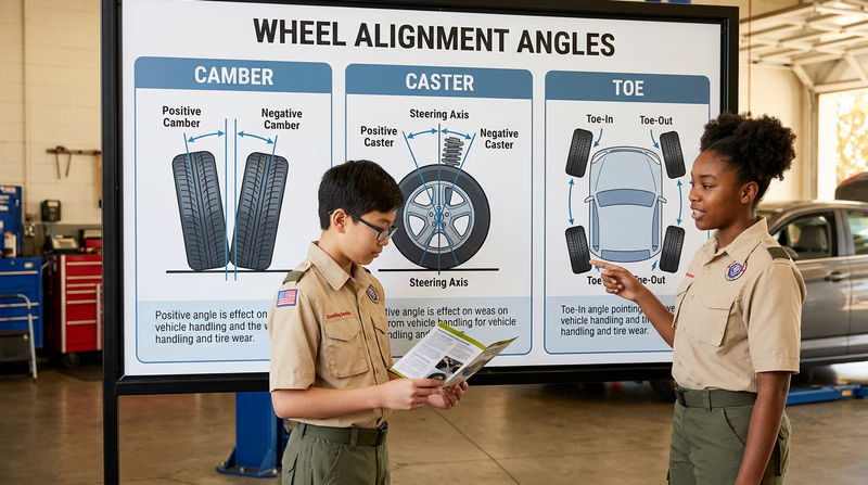 A clear three-panel diagram showing camber (front view of tire tilting), caster (side view of steering axis angle), and toe (top-down view of tire pointing direction), each with labeled arrows